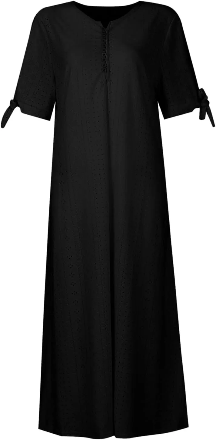 Summer Dresses for Women 2025 Casual Button Up Short Sleeve Eyelet Dress for Women Boho Tshirt Dress Beach Vacation Sundress