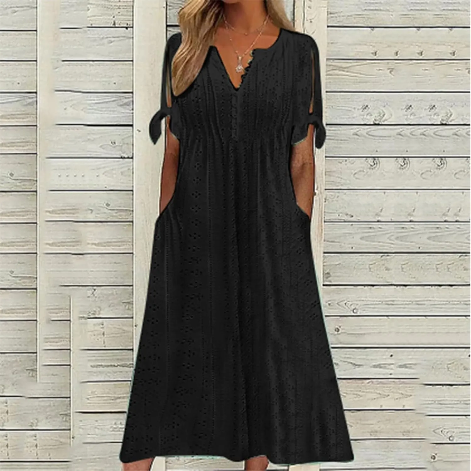 Summer Dresses for Women 2025 Casual Button Up Short Sleeve Eyelet Dress for Women Boho Tshirt Dress Beach Vacation Sundress