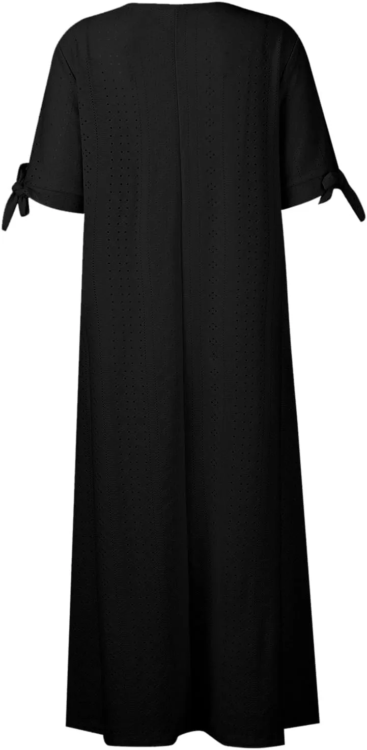 Summer Dresses for Women 2025 Casual Button Up Short Sleeve Eyelet Dress for Women Boho Tshirt Dress Beach Vacation Sundress