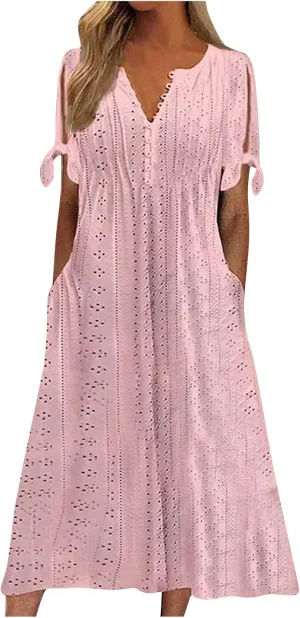 Summer Dresses for Women 2025 Casual Button Up Short Sleeve Eyelet Dress for Women Boho Tshirt Dress Beach Vacation Sundress