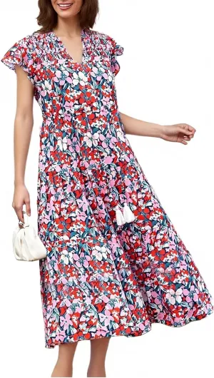 Summer Dresses for Women 2025 Floral Flutter Sleeve Wedding Guest Dresses V Neck Ruffle Tiered Long Flowy Maxi Dress
