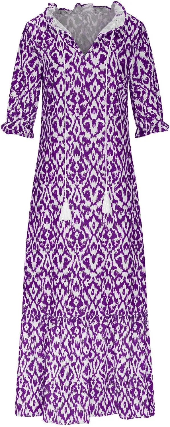 Summer Dresses for Women 2025 Floral Half Sleeve V Neck Maxi Dress Flowy Boho Beach Dresses Vacation Long Casual Dress