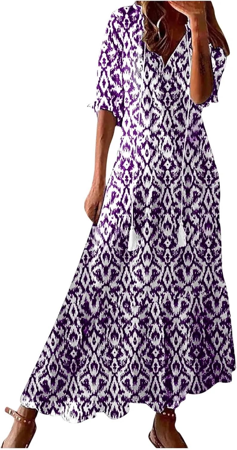 Summer Dresses for Women 2025 Floral Half Sleeve V Neck Maxi Dress Flowy Boho Beach Dresses Vacation Long Casual Dress