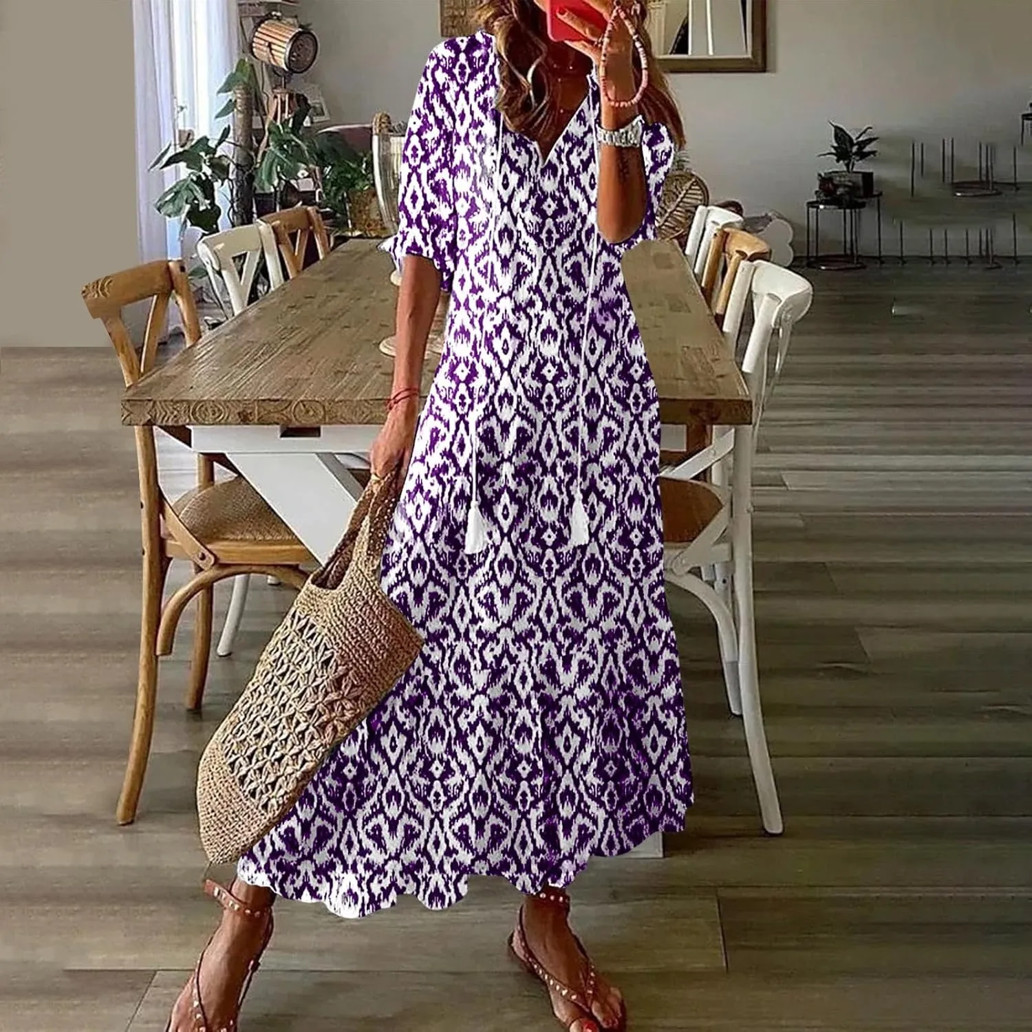 Summer Dresses for Women 2025 Floral Half Sleeve V Neck Maxi Dress Flowy Boho Beach Dresses Vacation Long Casual Dress