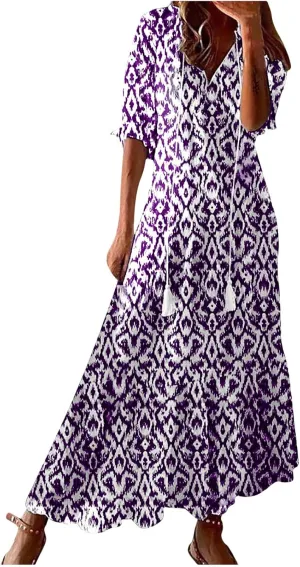 Summer Dresses for Women 2025 Floral Half Sleeve V Neck Maxi Dress Flowy Boho Beach Dresses Vacation Long Casual Dress
