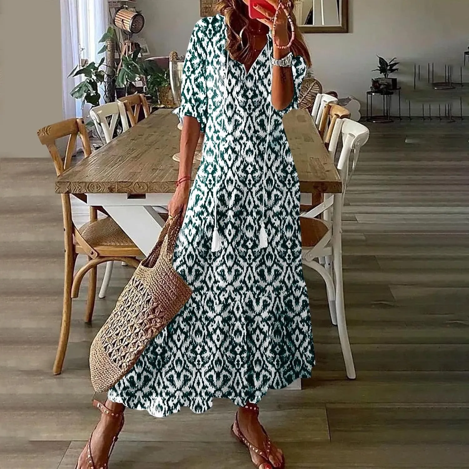 Summer Dresses for Women 2025 Short Sleeve Boho Maxi Dress V Neck Floral Sundress Casual Beach Vacation Outfits Clothes