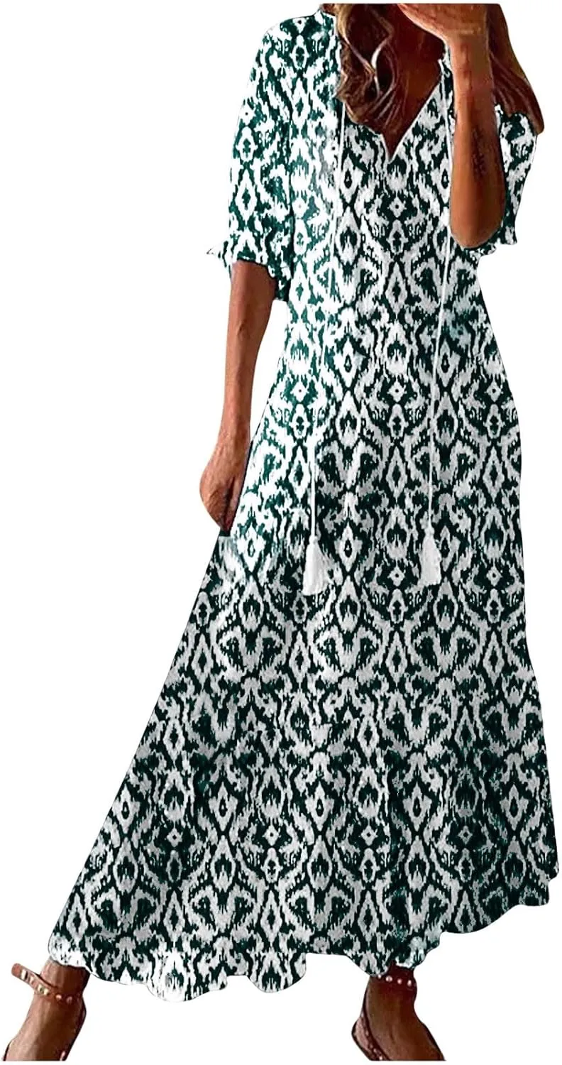 Summer Dresses for Women 2025 Short Sleeve Boho Maxi Dress V Neck Floral Sundress Casual Beach Vacation Outfits Clothes
