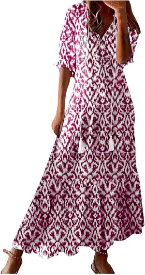 Summer Dresses for Women 2025 Short Sleeve Boho Maxi Dress V Neck Floral Sundress Casual Beach Vacation Outfits Clothes