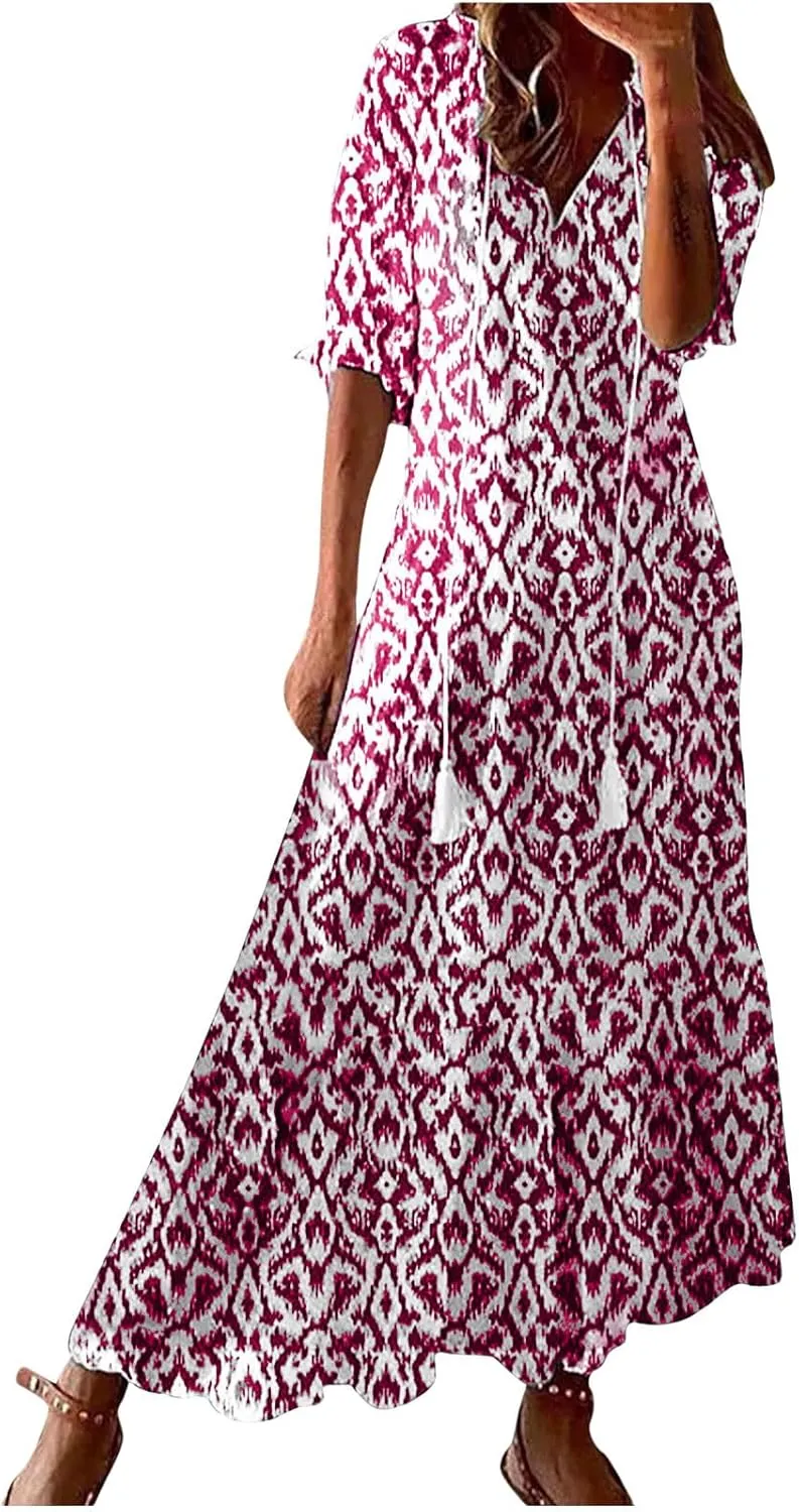 Summer Dresses for Women 2025 Short Sleeve Boho Maxi Dress V Neck Floral Sundress Casual Beach Vacation Outfits Clothes