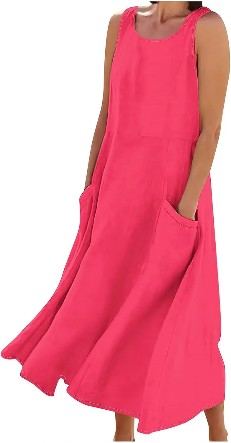 Summer Dresses for Women Cotton Linen Sleeveless Maxi Dress Casual Plus Size Long Length Beach Dress with Pockets