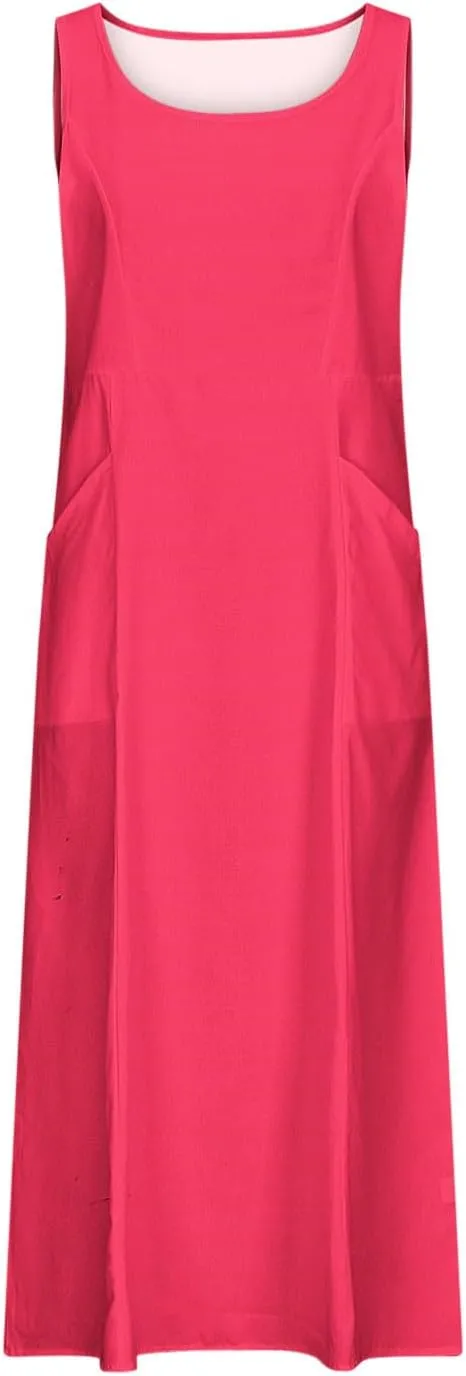 Summer Dresses for Women Cotton Linen Sleeveless Maxi Dress Casual Plus Size Long Length Beach Dress with Pockets