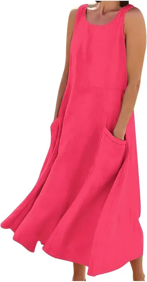 Summer Dresses for Women Cotton Linen Sleeveless Maxi Dress Casual Plus Size Long Length Beach Dress with Pockets
