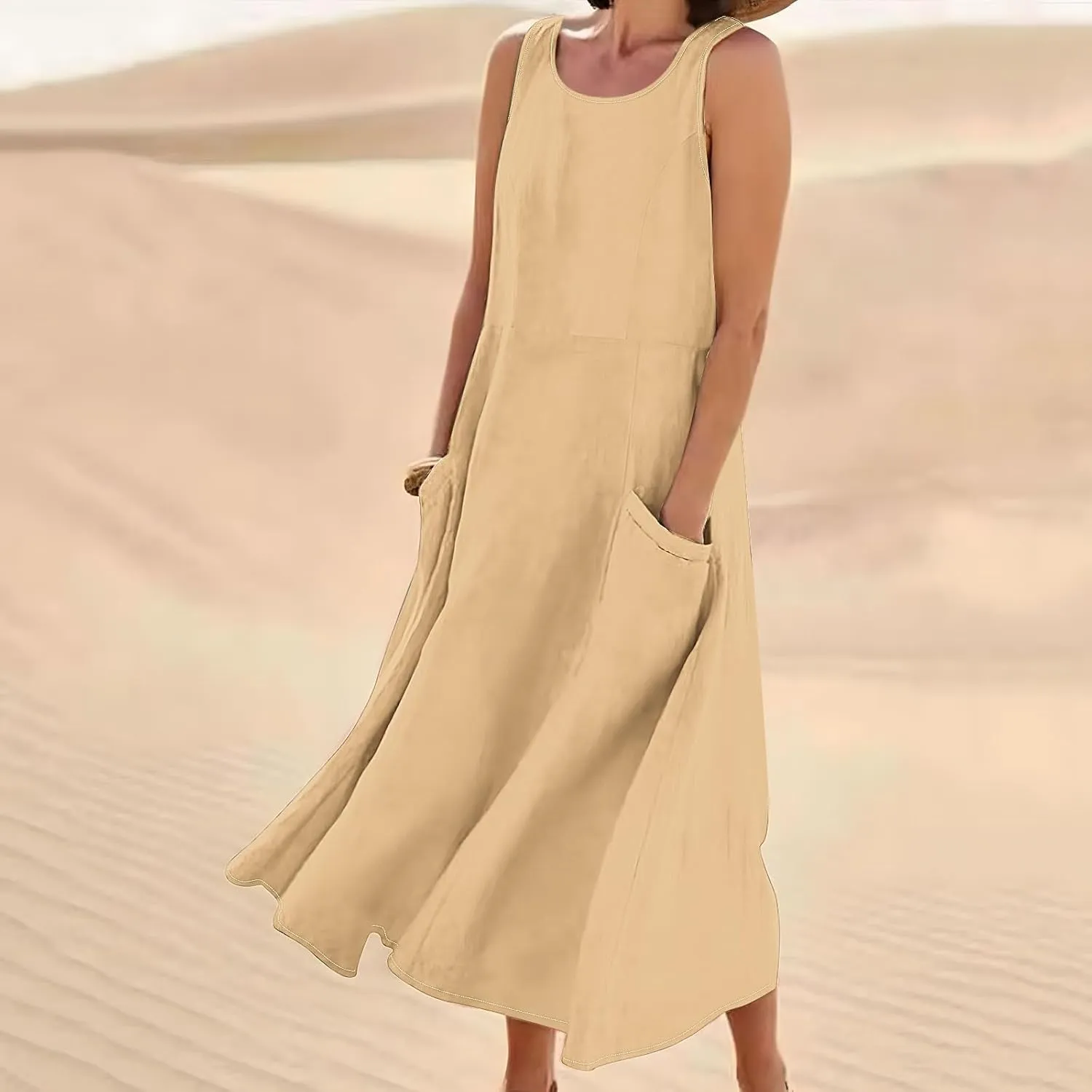 Summer Dresses for Women Cotton Linen Sleeveless Maxi Dress Casual Plus Size Long Length Beach Dress with Pockets