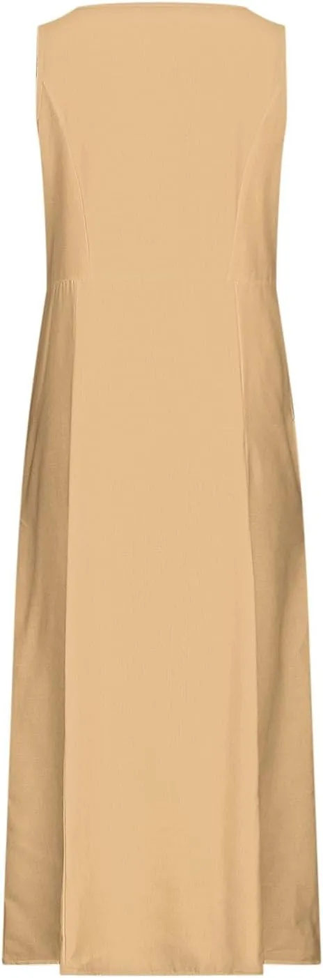 Summer Dresses for Women Cotton Linen Sleeveless Maxi Dress Casual Plus Size Long Length Beach Dress with Pockets
