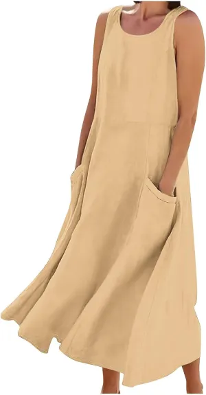 Summer Dresses for Women Cotton Linen Sleeveless Maxi Dress Casual Plus Size Long Length Beach Dress with Pockets