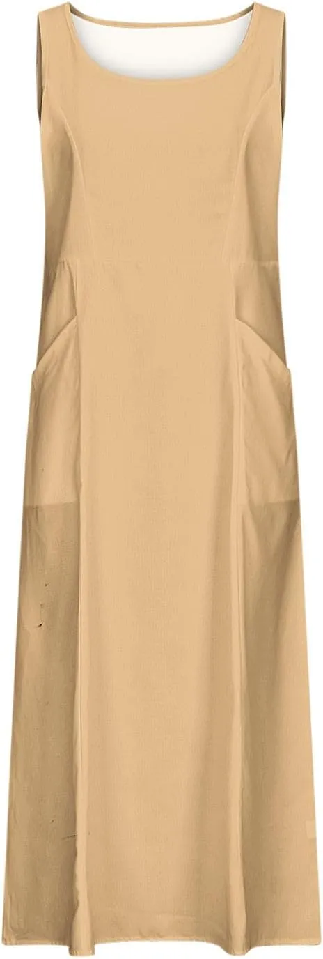 Summer Dresses for Women Cotton Linen Sleeveless Maxi Dress Casual Plus Size Long Length Beach Dress with Pockets