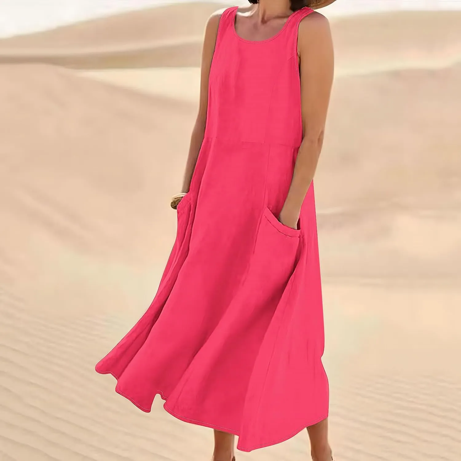 Summer Dresses for Women Cotton Linen Sleeveless Maxi Dress Casual Plus Size Long Length Beach Dress with Pockets
