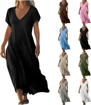Summer Linen Dresses for Women 2025 Short Sleeve V Neck Shift Long Maxi Dresses Comfy Flowy Swing A Line Beach Dress