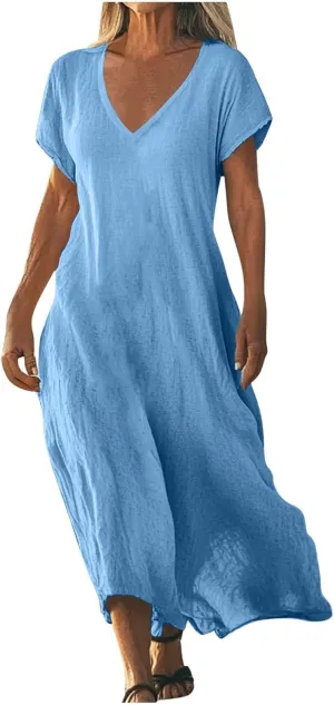 Summer Linen Dresses for Women 2025 Short Sleeve V Neck Shift Long Maxi Dresses Comfy Flowy Swing A Line Beach Dress