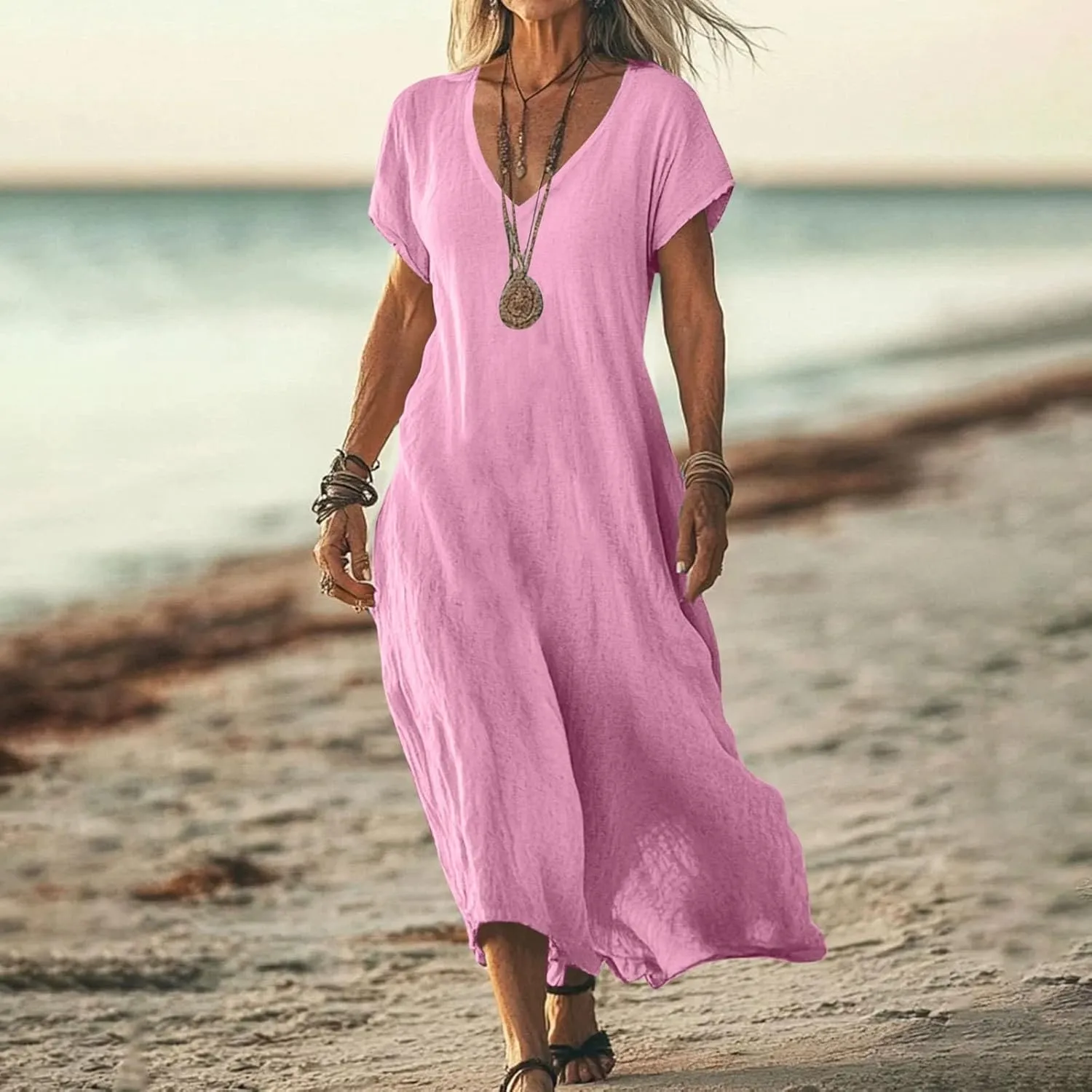 Summer Linen Dresses for Women 2025 Short Sleeve V Neck Shift Long Maxi Dresses Comfy Flowy Swing A Line Beach Dress