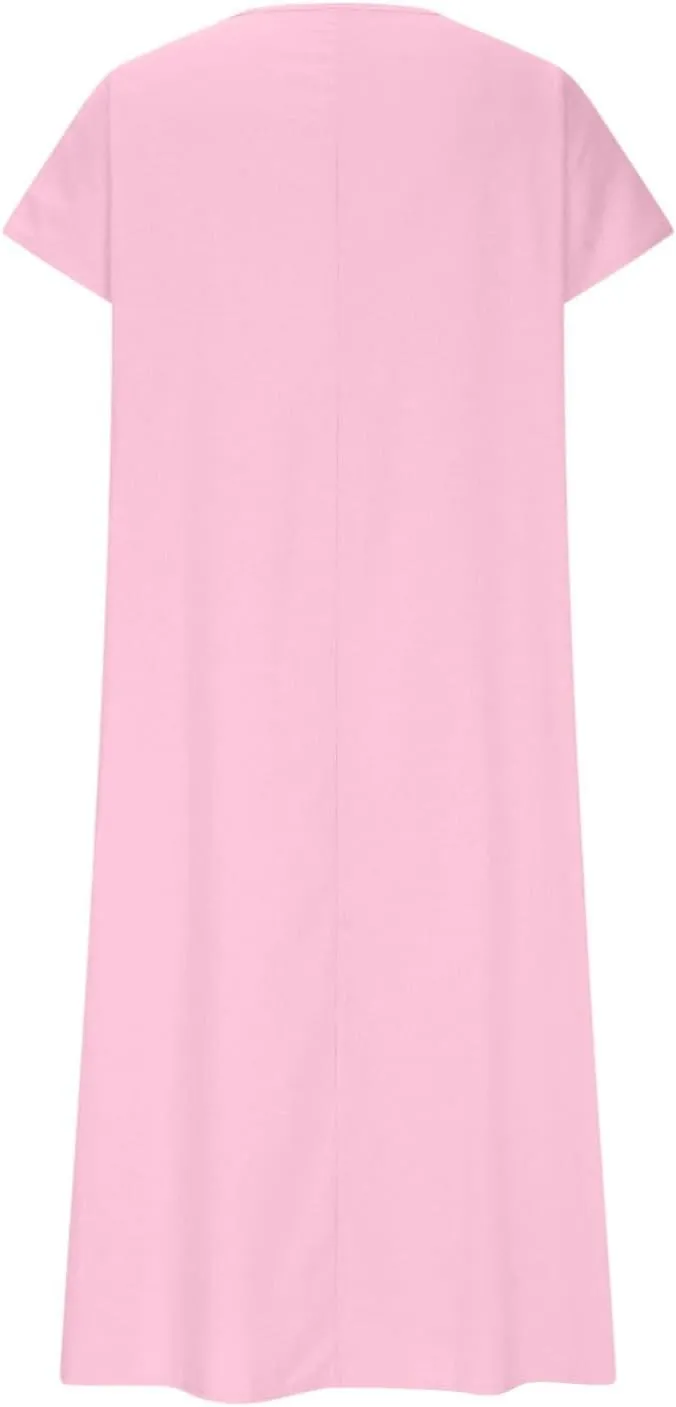 Summer Linen Dresses for Women 2025 Short Sleeve V Neck Shift Long Maxi Dresses Comfy Flowy Swing A Line Beach Dress