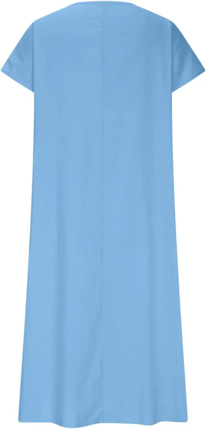Summer Linen Dresses for Women 2025 Short Sleeve V Neck Shift Long Maxi Dresses Comfy Flowy Swing A Line Beach Dress