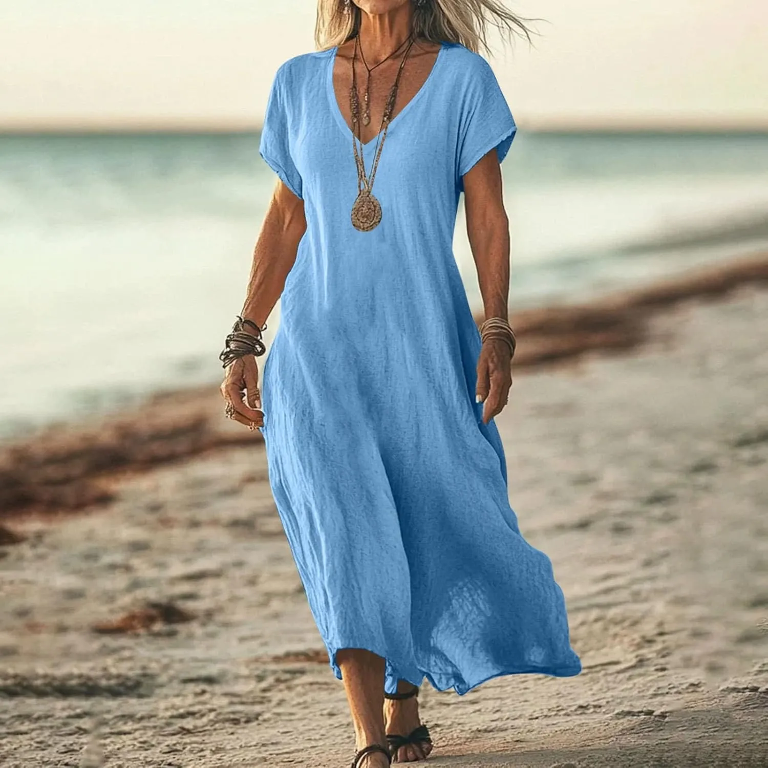 Summer Linen Dresses for Women 2025 Short Sleeve V Neck Shift Long Maxi Dresses Comfy Flowy Swing A Line Beach Dress