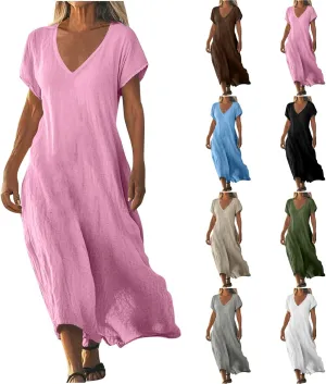 Summer Linen Dresses for Women 2025 Short Sleeve V Neck Shift Long Maxi Dresses Comfy Flowy Swing A Line Beach Dress