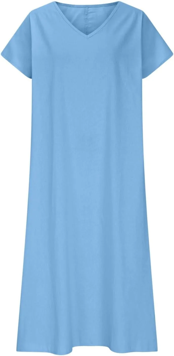 Summer Linen Dresses for Women 2025 Short Sleeve V Neck Shift Long Maxi Dresses Comfy Flowy Swing A Line Beach Dress