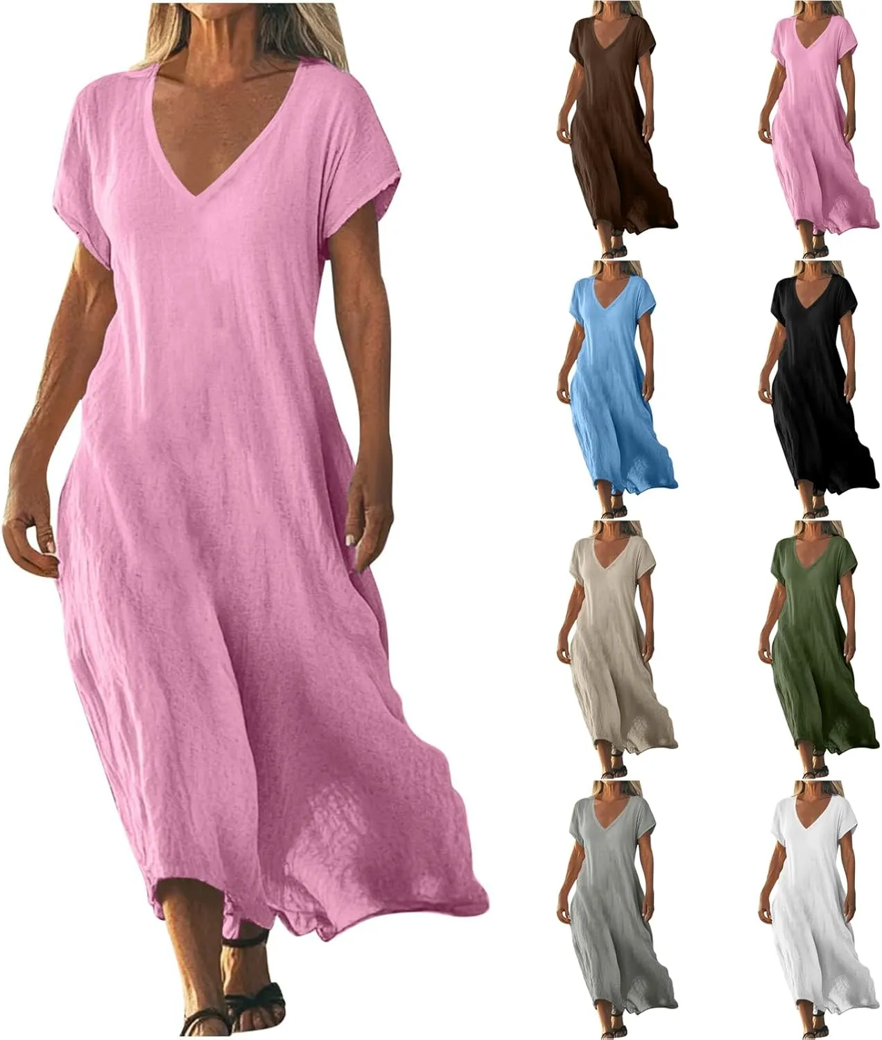 Summer Linen Dresses for Women 2025 Short Sleeve V Neck Shift Long Maxi Dresses Comfy Flowy Swing A Line Beach Dress
