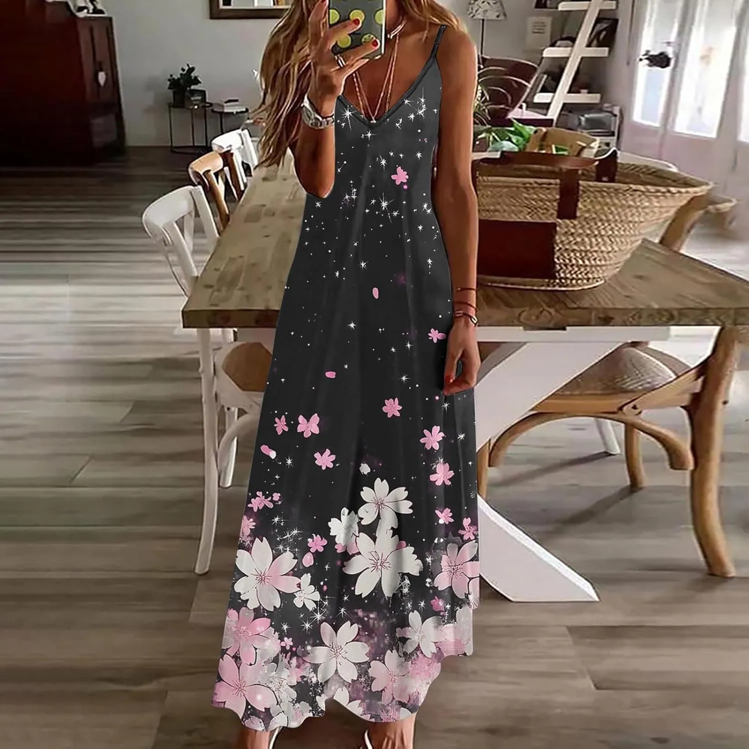 Summer Maxi Dresses for Women 2025 Vacation Floral Spaghetti Strap Smocked Boho Beach Long Dress Casual V Neck Sundress