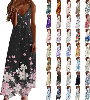 Summer Maxi Dresses for Women 2025 Vacation Floral Spaghetti Strap Smocked Boho Beach Long Dress Casual V Neck Sundress