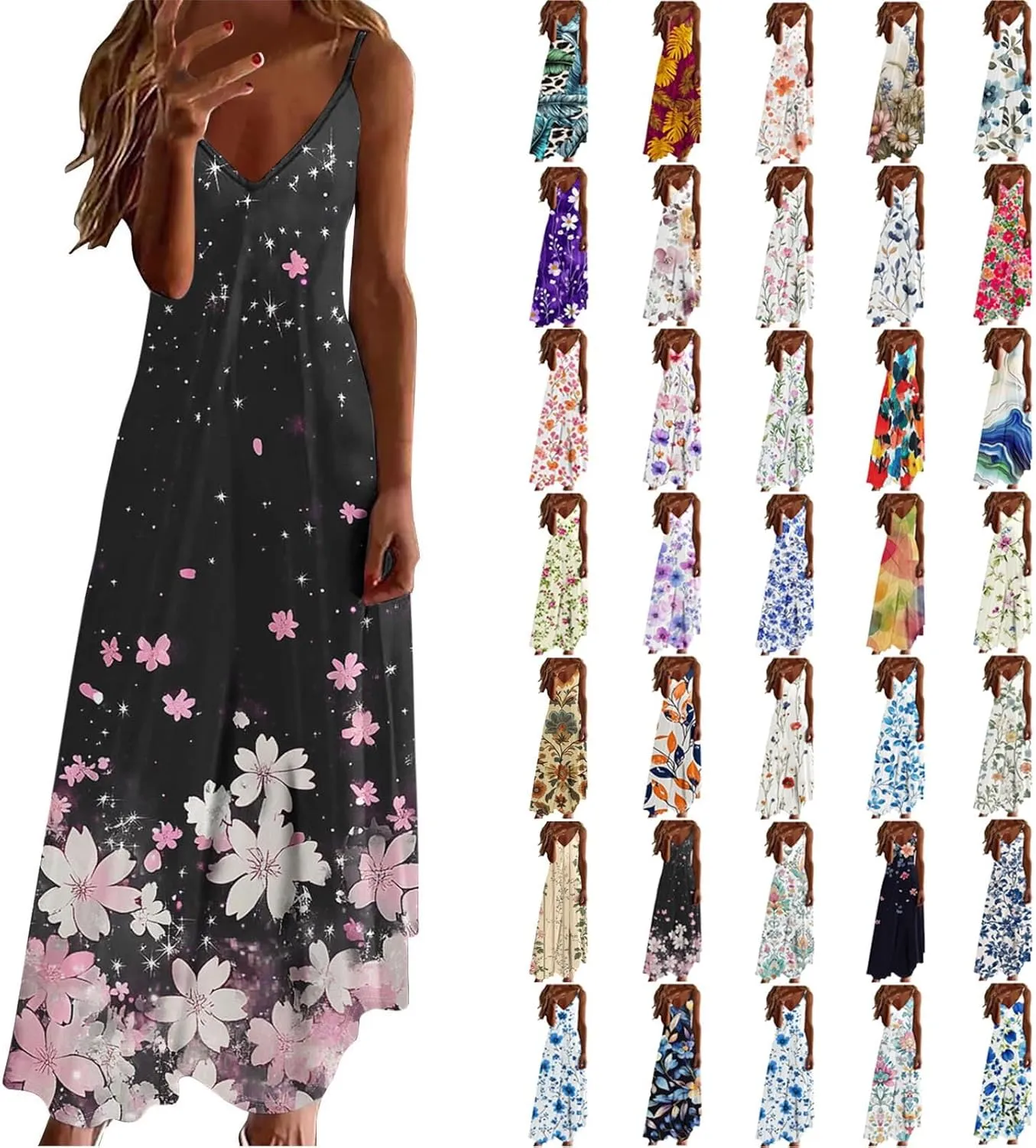 Summer Maxi Dresses for Women 2025 Vacation Floral Spaghetti Strap Smocked Boho Beach Long Dress Casual V Neck Sundress