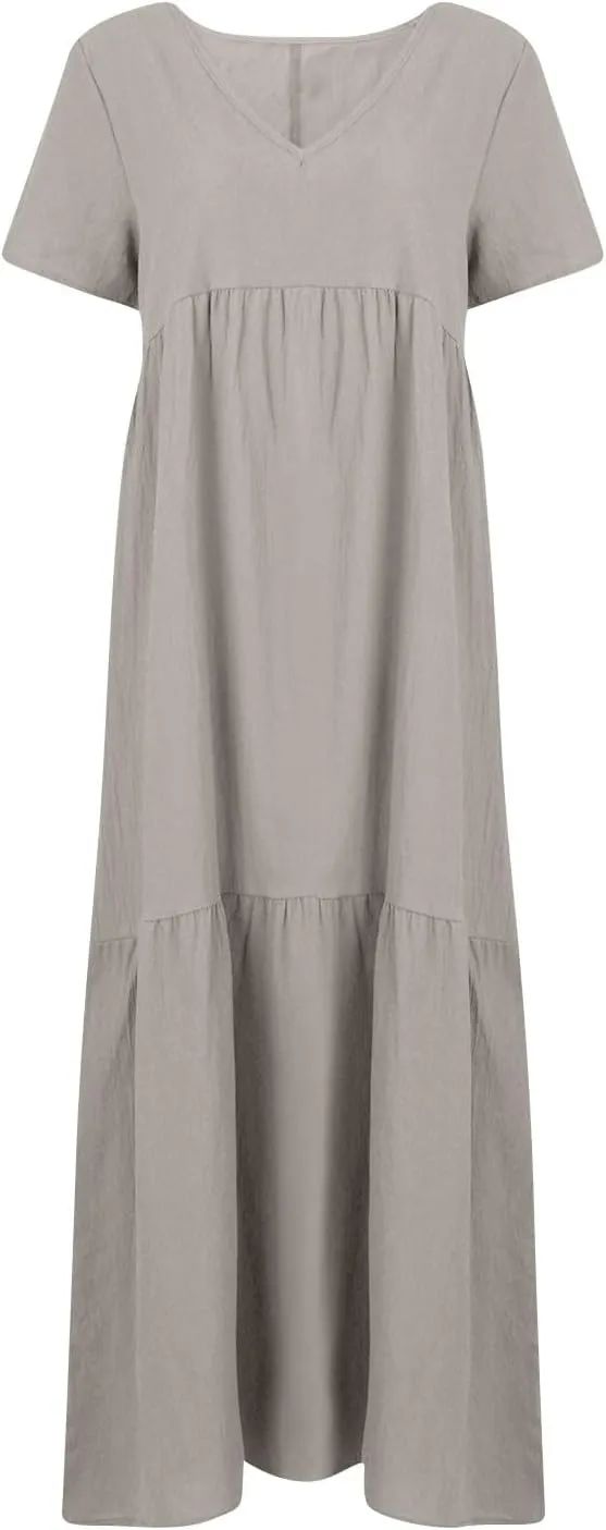 Summer Maxi Linen Dresses for Women 2025 Plus Size Short Sleeve V Neck Long Flowy Smocked Tiered Beach Dress Frocks