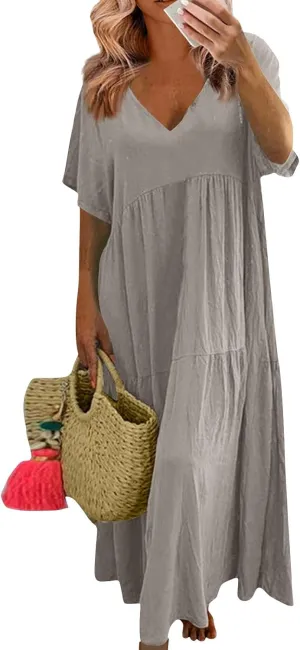 Summer Maxi Linen Dresses for Women 2025 Plus Size Short Sleeve V Neck Long Flowy Smocked Tiered Beach Dress Frocks