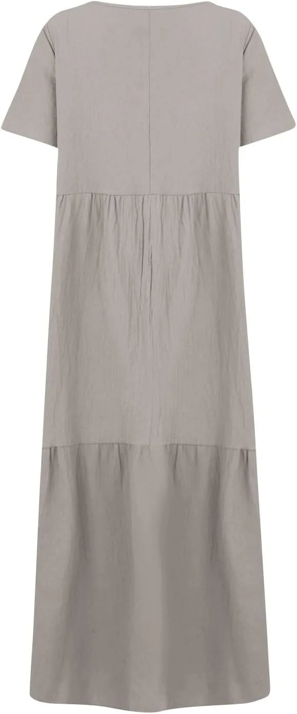 Summer Maxi Linen Dresses for Women 2025 Plus Size Short Sleeve V Neck Long Flowy Smocked Tiered Beach Dress Frocks