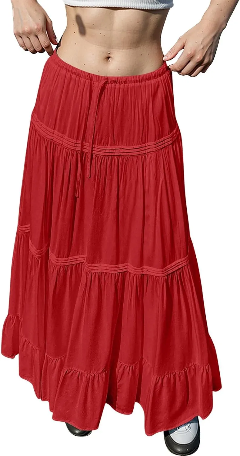 Summer Skirts for Women Trendy Drawstring Waisted Flowy Tiered Linen Maxi Skirt Pleated Ruffled A-Line Long Skirts