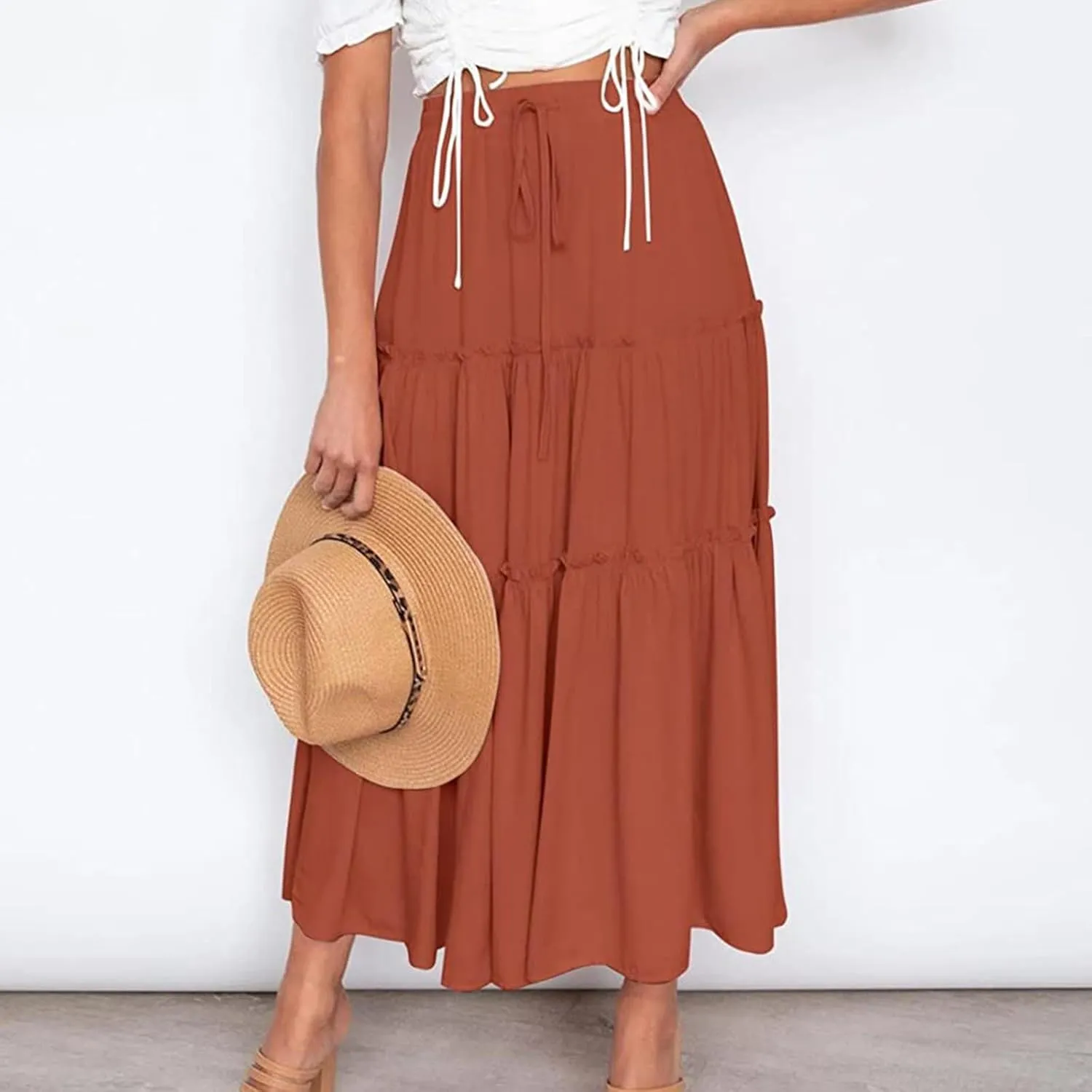 Summer Skirts Women's Fashion Casual High Waisted MIDI Boho Style Pleated Skirt Lightweight Maxi Dress for Women