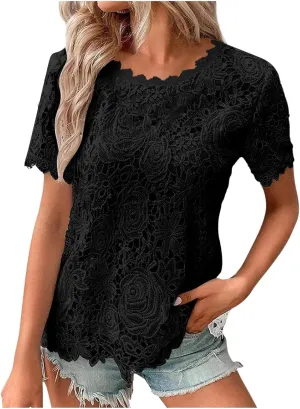 Summer Tops for Women 2024 Lace Crochet Embroidery Crewneck T Shirts Dressy Casual Short Sleeve Elegant Work Blouses