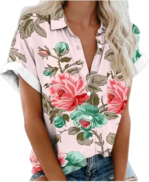 Summer Tops for Women 2024 Vacation Beach Vacation Short Sleeve Floral Print Shirts Casual Loose Bohemian Blouses