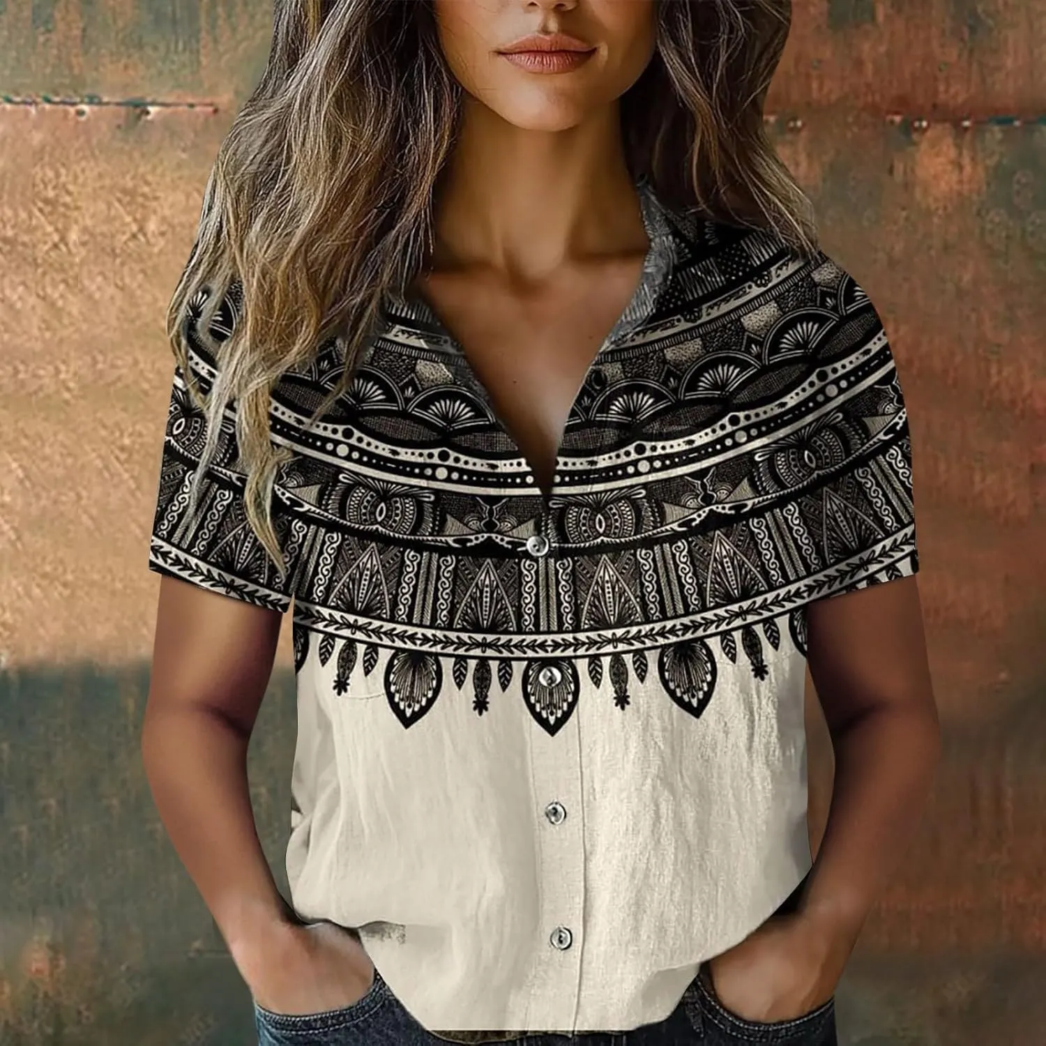 Summer Tops for Women 2025 Trendy V Neck Collared Button-up Gauze Colorful Stripe Print Tops Fashion 2025