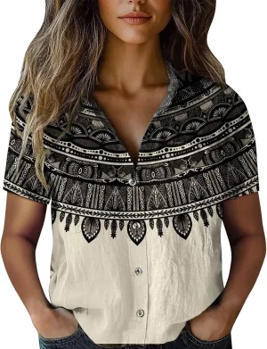 Summer Tops for Women 2025 Trendy V Neck Collared Button-up Gauze Colorful Stripe Print Tops Fashion 2025
