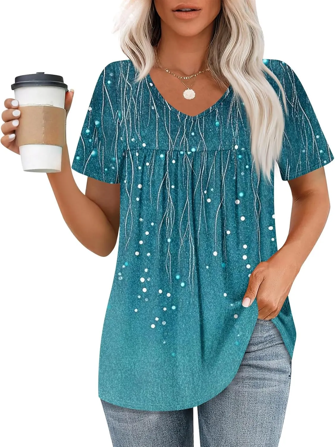 Summer Tops for Women 2025 Trendy V Neck Short Sleeve Pleated Front Shirts Dressy Casual Blouses Loose Fit Tunics