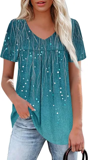 Summer Tops for Women 2025 Trendy V Neck Short Sleeve Pleated Front Shirts Dressy Casual Blouses Loose Fit Tunics