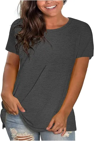 Summer Tops for Women Casual Round Neck Short Sleeve Tshirt Plus Size Solid Color Blouses Loose Comfy Shirts