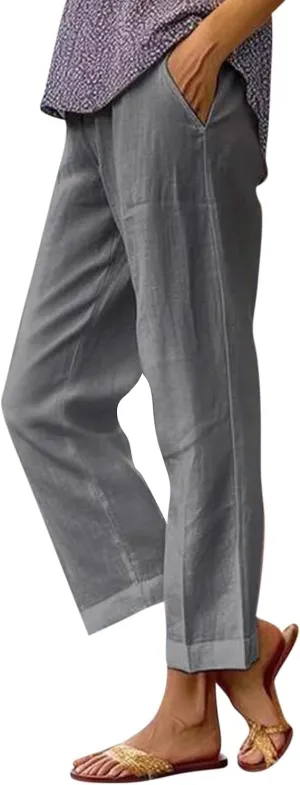 Summer Womens Linen Pants Casual Elastic Waist Baggy Trouser Solid Color Straight Leg Pants with Pockets