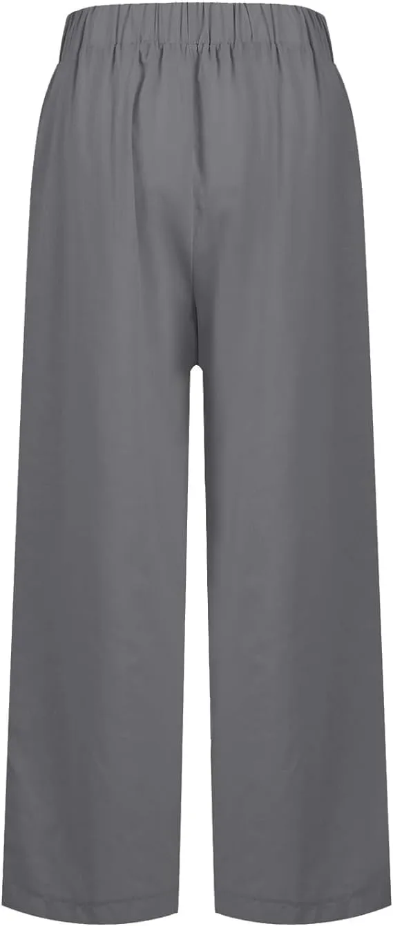 Summer Womens Linen Pants Casual Elastic Waist Baggy Trouser Solid Color Straight Leg Pants with Pockets