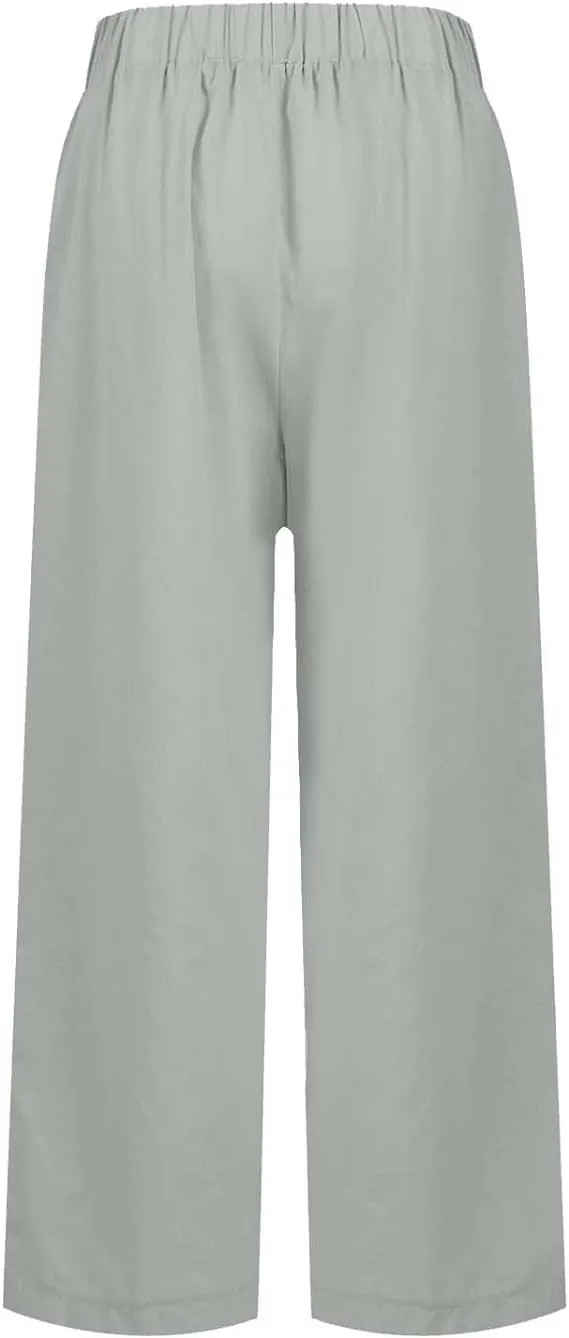 Summer Womens Linen Pants Casual Elastic Waist Baggy Trouser Solid Color Straight Leg Pants with Pockets