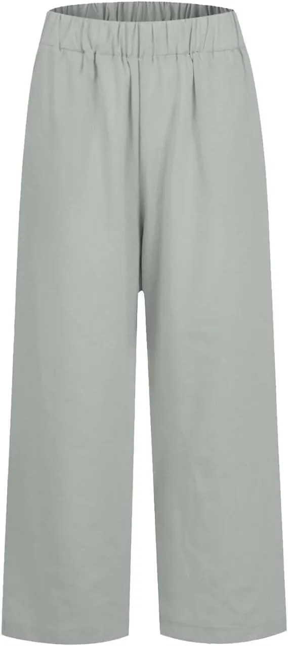 Summer Womens Linen Pants Casual Elastic Waist Baggy Trouser Solid Color Straight Leg Pants with Pockets
