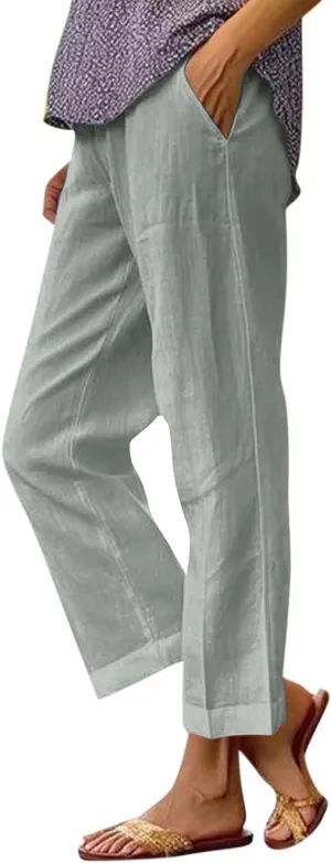 Summer Womens Linen Pants Casual Elastic Waist Baggy Trouser Solid Color Straight Leg Pants with Pockets